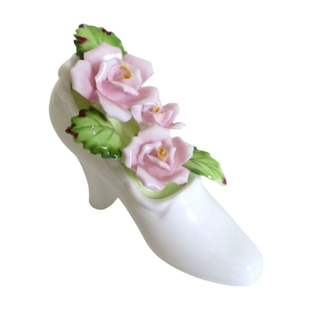 High Heel Shoe With Pink Roses & Green Leaves Figurine - Vintage Bone China Shoe